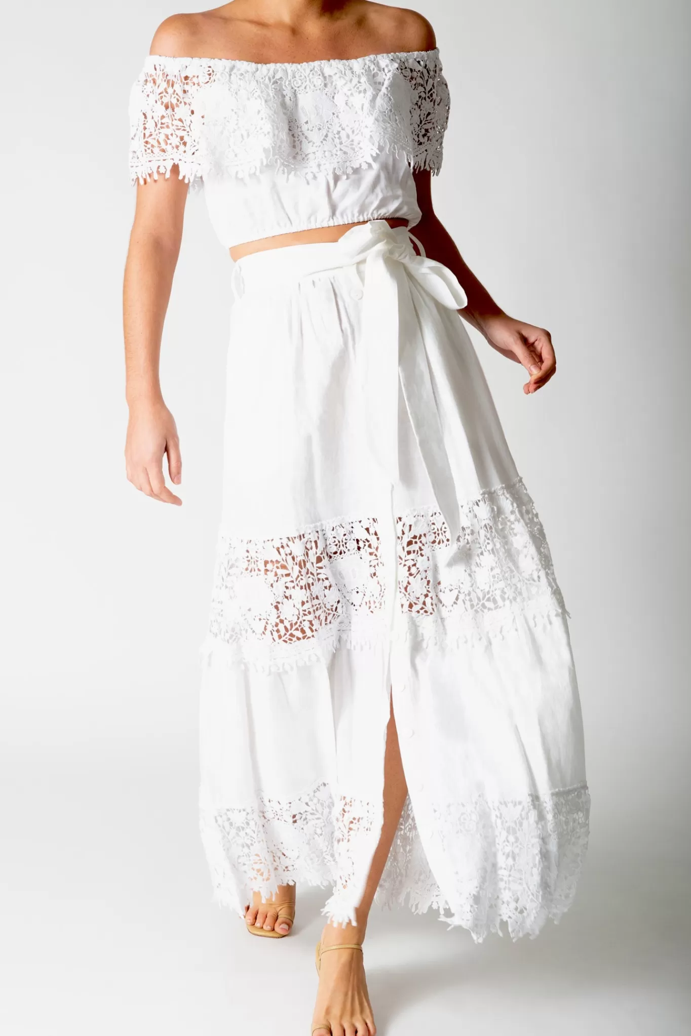 Almira Tiered Lace And Linen Skirt>Miguelina Clearance