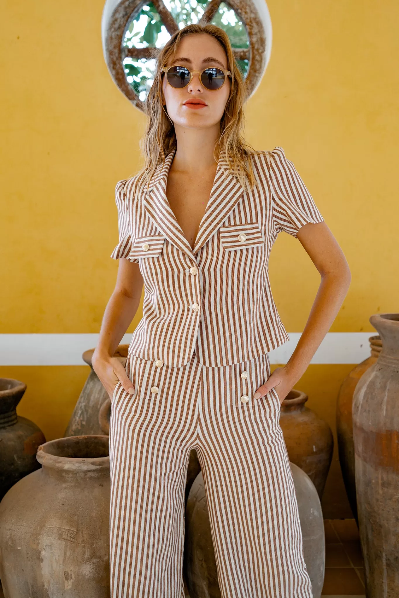 Rosemary Pinstripe Busatti Structured Top - Espresso>Miguelina Outlet